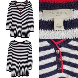 Talbots Sweater Women's XL Blue Red White Stripe Henley Pullover Cotton Coastal